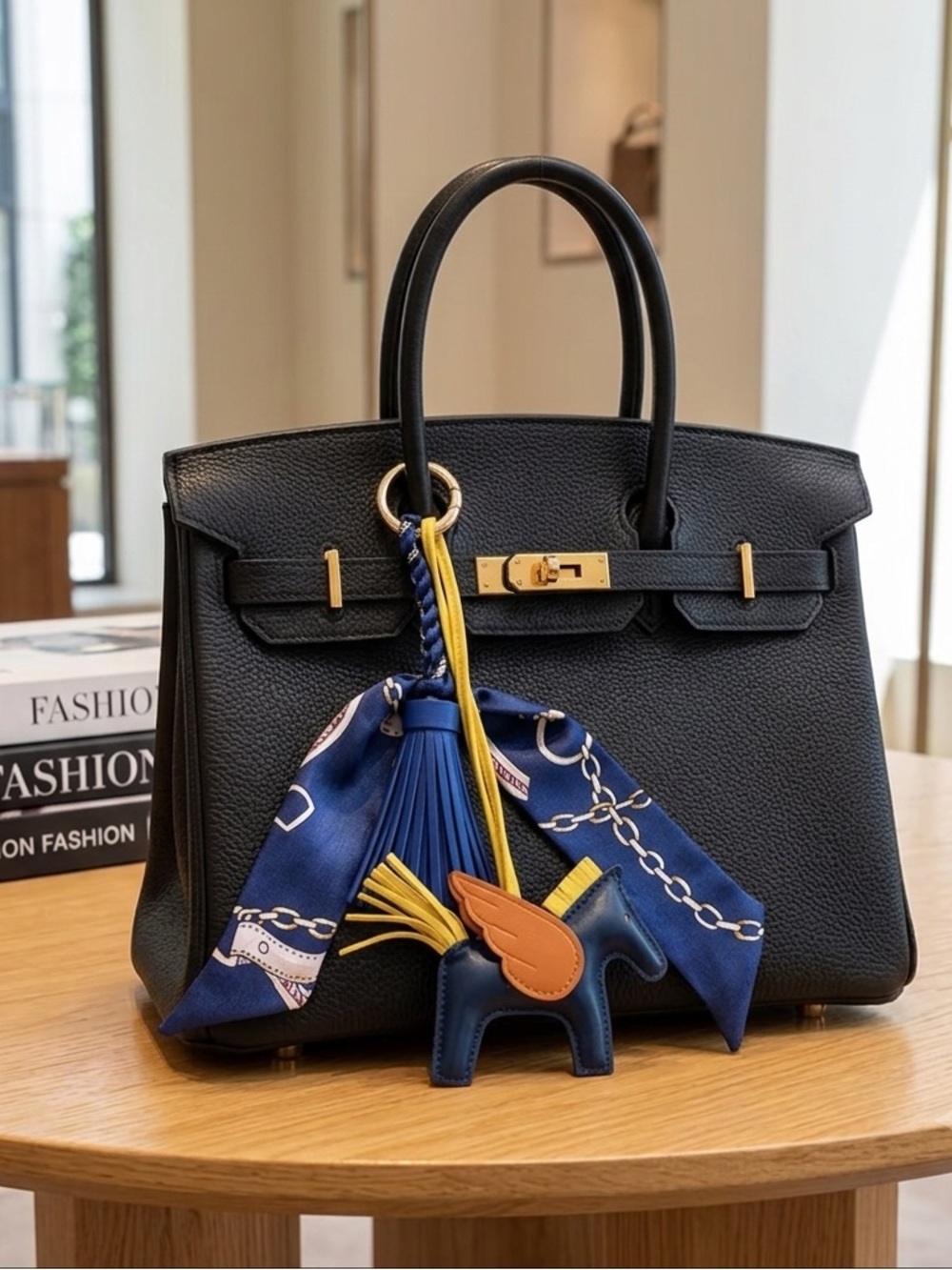 Luxury Pegasus Horse Leather Bag Charm with Twilly-Wrapped-Tassel - Blue